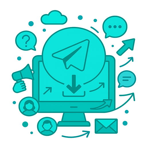Векторная иллюстрация на тему скачивания программы Telegram Expert: логотип Telegram в центре монитора с иконкой загрузки, окружённый символами рассылок, пользователей, чатов и стрелок. Визуальный акцент на автоматизацию, инвайты, прогрев аккаунтов, клонер каналов и другие модули программы.